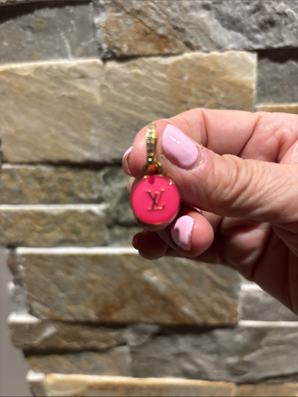LV Hot Pink Enamel Drop Earrings with Gold Accents - Picture 2 of 4
